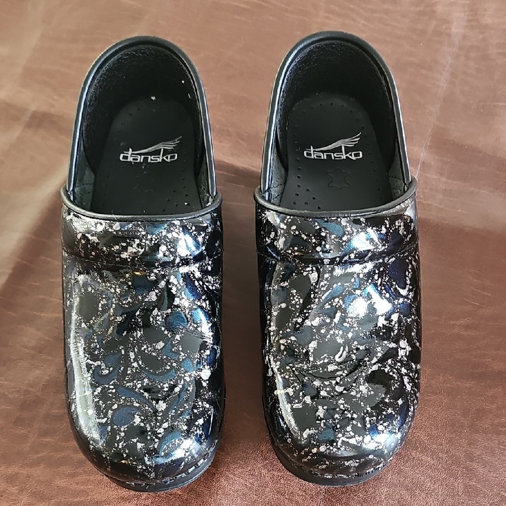 Dansko Artistic Black and Silver Clogs